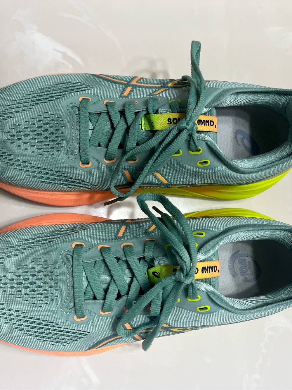 ASICS Gel Kayano 31 running shoes. Mint green with Neon Yellow & Coral Accents. - Picture 2 of 6